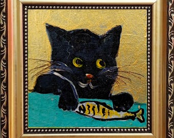 Black Cat & Sardine Painting: 4x4 Framed Original Oil Art