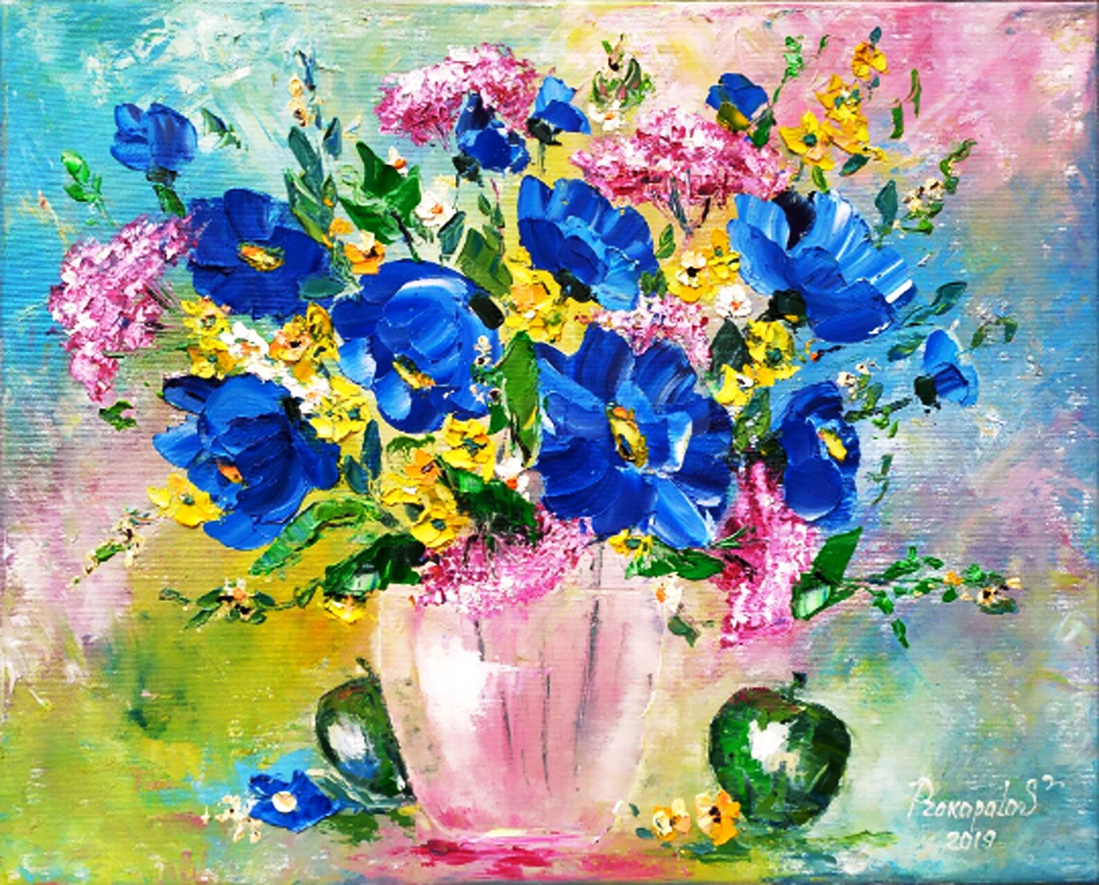 Blue Purple Flowers Art Floral Painting Original Blue Etsy