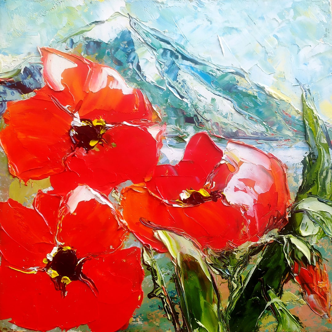 Poppy Painting Mountain Original Art Landscape Impasto Oil - Etsy