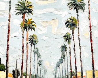Los Angeles Oil Painting: Sunset Boulevard, Palm Trees, Impasto Art