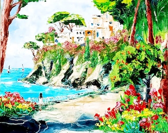 Italy Painting Amalfi Coast Oil Painting: Italian Seascape Art, 20x16 Canvas