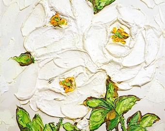 Original White Roses Oil Painting: Impasto Floral Art (8x8 in)