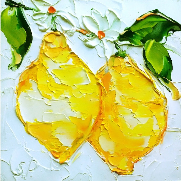 Lemon Painting Fruit Original Art Impasto Oil Painting Italy Fruit Small Artwork 4 by 4  by Art ProkopaloSv