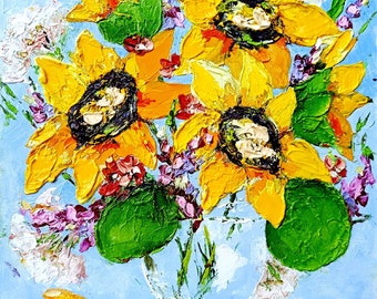 Sunflower Oil Painting: Floral Still Life Impasto Art (8x8)