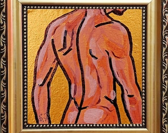 Gay Body Painting: Male Abstract Art, Framed Mini Oil Painting (4x4 in)