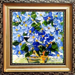 Forget-Me-Not Painting Cornflower Original Art Impasto Oil Painting 4x4 Blue Impasto Wildflower Wall Art Floral Meadow Painting Field