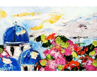 Santorini Sunset Painting: Original Impasto Oil Painting, Greek Island Art (6x4)
