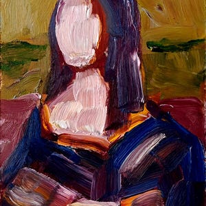May include: Oil painting of a person with a light pink face and neck, dark purple hair, and a blue and brown outfit. The background is a mix of yellow, green, and brown brushstrokes. The artwork has a textured, impressionistic style.