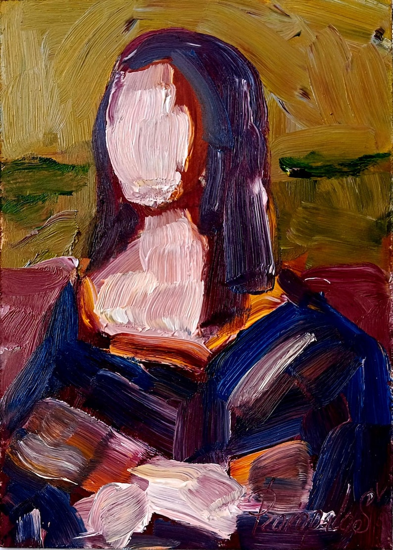 May include: Oil painting of a person with a light pink face and neck, dark purple hair, and a blue and brown outfit. The background is a mix of yellow, green, and brown brushstrokes. The artwork has a textured, impressionistic style.