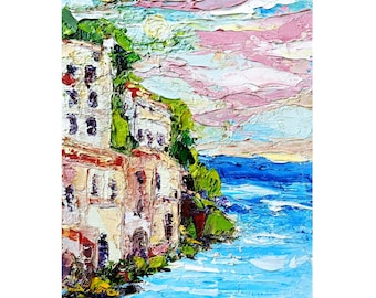 Positano Painting Italy Original Art Amalfi Coast Impasto Oil Painting Mountain Artwork by ArtProkopaloSv