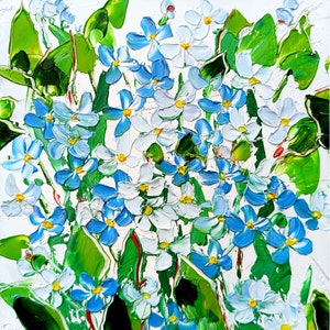 Blue Flowers Oil Painting Spring Forget-me-nots Original Art Botanical Impasto Art Home Neutral Decor Mother&#39;s Day Gift by ArtProkopaloSv