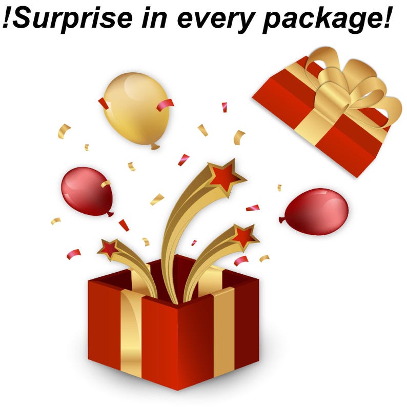 May include: A red gift box with gold accents bursts open, releasing gold starbursts and confetti. Two balloons and a wrapped gift with a gold bow float nearby. The text "Surprise in every package!" is at the top.