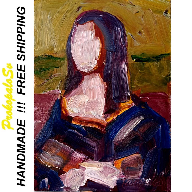 May include: Oil painting of a woman with a partially obscured face, rendered in thick brushstrokes. The artwork features a palette of pink, blue, purple, and yellow hues. The text "HANDMADE !!! FREE SHIPPING" is on the left side.