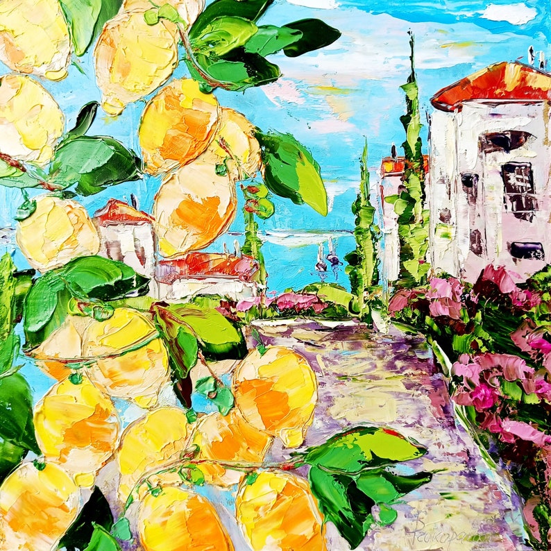 May include: A painting of a lemon tree with ripe yellow lemons hanging from the branches. The tree is in front of a small village with white buildings and a blue sky. The painting is done in a loose, impressionistic style.