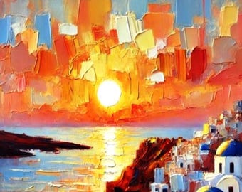 サントリーニ島の油絵 ギリシャ オリジナルアート 海景 壁アート ミニ