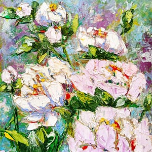 Impasto Peonies Oil Painting: Original Floral Still Life, 10x10