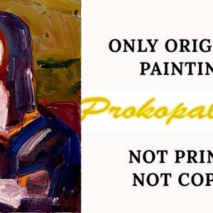 May include: An original oil painting depicting a figure with a partially obscured face, rendered in thick brushstrokes. The artwork features a palette of blues, purples, pinks, and yellows. Text on the right side reads "ONLY ORIGINAL PAINTING" and "NOT PRINT! NOT COPY!"