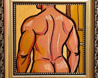 Gay Art: Male Body Painting, Framed Mini Oil Painting (4x4 in)