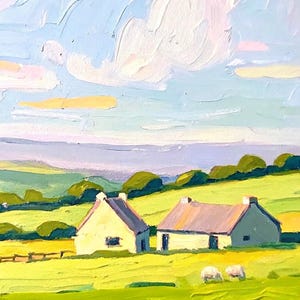 Irish Cottage Oil Painting: Sheep Landscape, Impressionist Farm Art