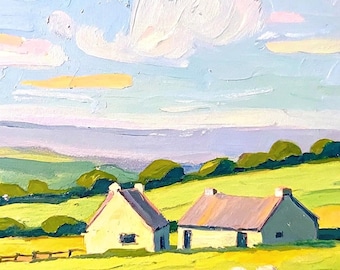 Irish Cottage Oil Painting: Sheep Landscape, Impressionist Farm Art
