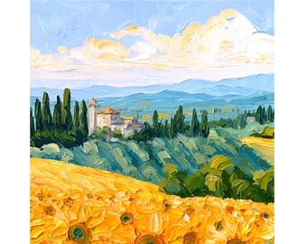 May include: An oil painting on canvas depicting a vibrant landscape with a foreground of bright yellow sunflowers, rolling green hills, tall dark green cypress trees, a stone building, and a light blue sky with soft white clouds.