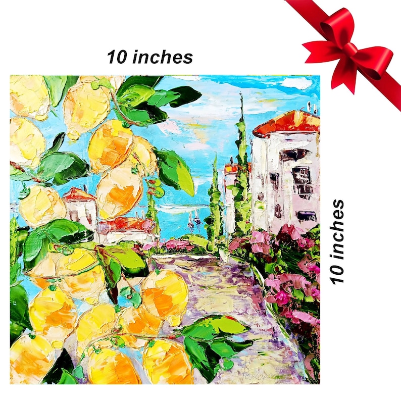 May include: A 10x10 inch painting of a colorful, impressionistic scene with a lemon tree in the foreground, a white building with a red roof in the background, and a path leading to the building. The painting is done in a vibrant palette of yellows, greens, blues, and pinks.