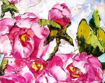 Original Impasto Peony Oil Painting: Floral Wall Art (8x8)