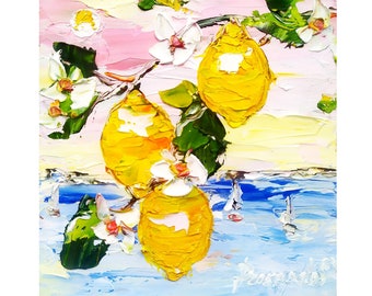 Italy Lemon Painting: Coastal Seascape, Impasto Oil Art (6x6 inches)
