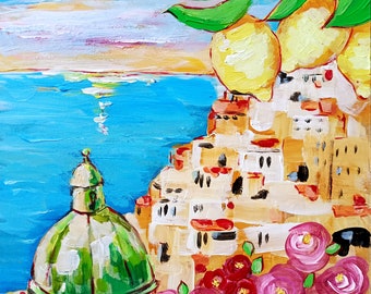 Positano Painting Lemon Italy Original Art Amalfi Coast Impasto Oil Painting Mountain Artwork by ArtProkopaloSv
