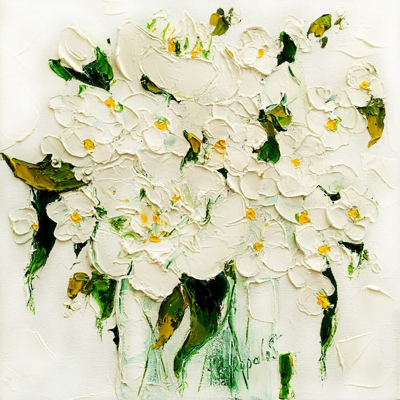 White Hydrangea Peonies Painting: Impasto Floral Oil Painting, 12x12 Original Art