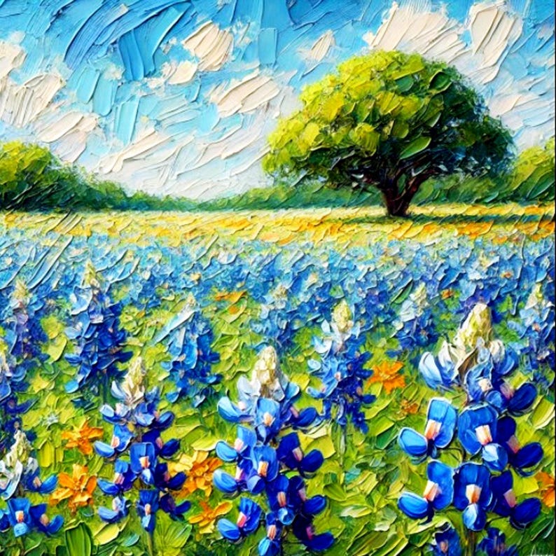 Pu&ograve; includere: Un dipinto che rappresenta un campo di fiori blu con un grande albero verde sullo sfondo. Il cielo &egrave; blu con nuvole bianche.