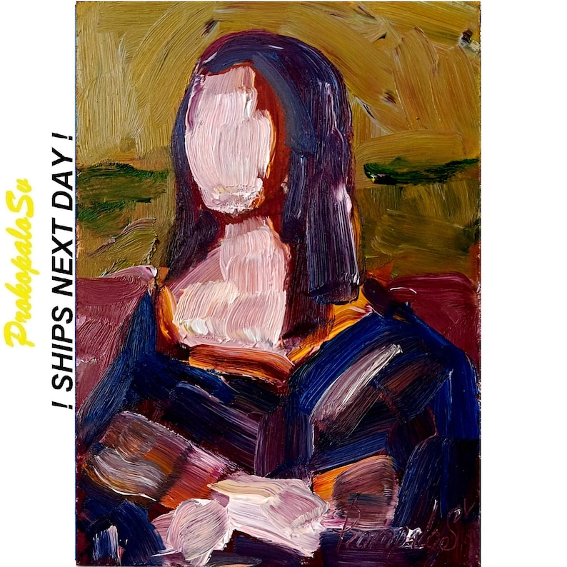 May include: Oil painting of a figure with a faceless, pale pink face and dark purple hair. The figure is wearing a dark blue garment. The background is a mix of yellow, green, and brown. The text "! SHIPS NEXT DAY !" is on the left side.