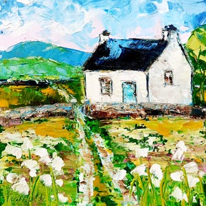 Ireland Painting White Cottage Original Art Abstract Landscape Impasto Oil Painting Small Gifts Cheap Original Art Gifts by ArtProkopaloSv