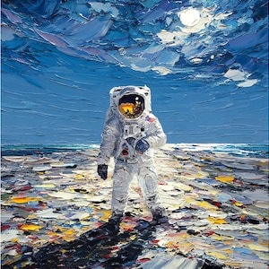 May include: An oil painting featuring an astronaut in a white suit standing on a textured, multicolored ground under a deep blue sky with a bright moon. The thick impasto brushstrokes create a vivid, layered surface with visible depth.