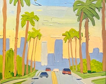 Los Angeles Oil Painting: Sunset Boulevard, Palm Trees, Cityscape Art