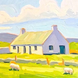 Irish Cottage Oil Painting: Sheep Landscape, Impressionist Farm Art