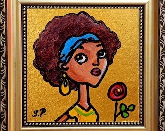 African Queen Oil Painting: Original Framed Portrait, Impasto Art (4x4 in)