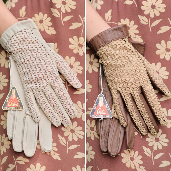 Vintage 1960s 60s Deadstock German Driving Gloves White and Brown Chiba - Leather and Crochet