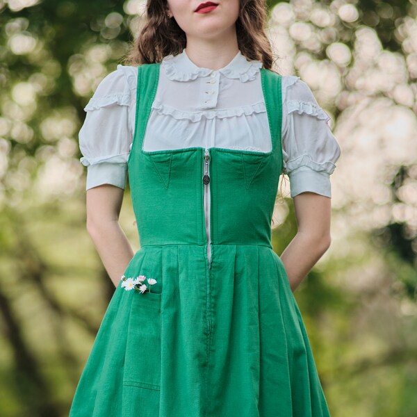 Vintage 1950er 50er 1960er 60er Grün Leinen Dirndl Tracht Trachten Kleid Folk Johanna Rappel - Reißverschluss vorne, weiter Rock und Tasche