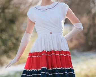 Vintage 1950s 50s Dress White Red Blue Striped Swing Square Dance Dancing Dress – Short Tulip Sleeves, Full Circle Skirt and Silver Trim