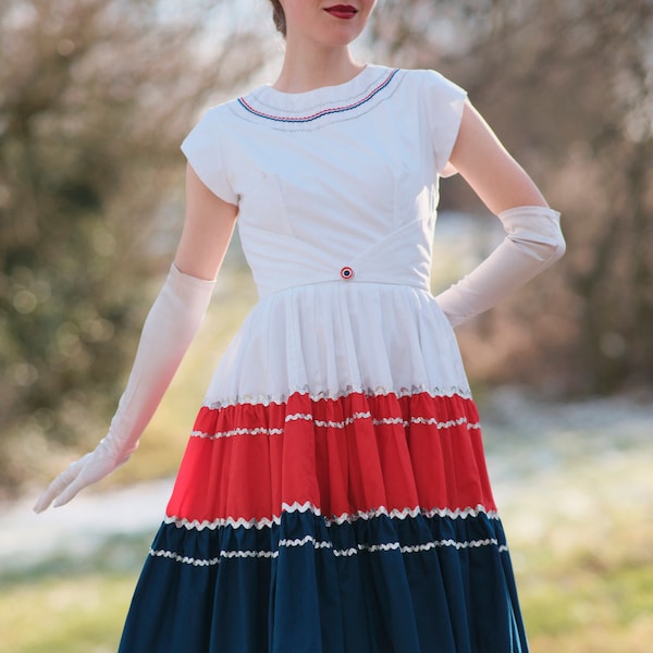 Vintage 1950er 50er Kleid Weiß Rot Blau Gestreift Tanzkleid Swing Square Dance – Kurze Tulpen Ärmel, Tellerrock und Silberne Zackenlitze