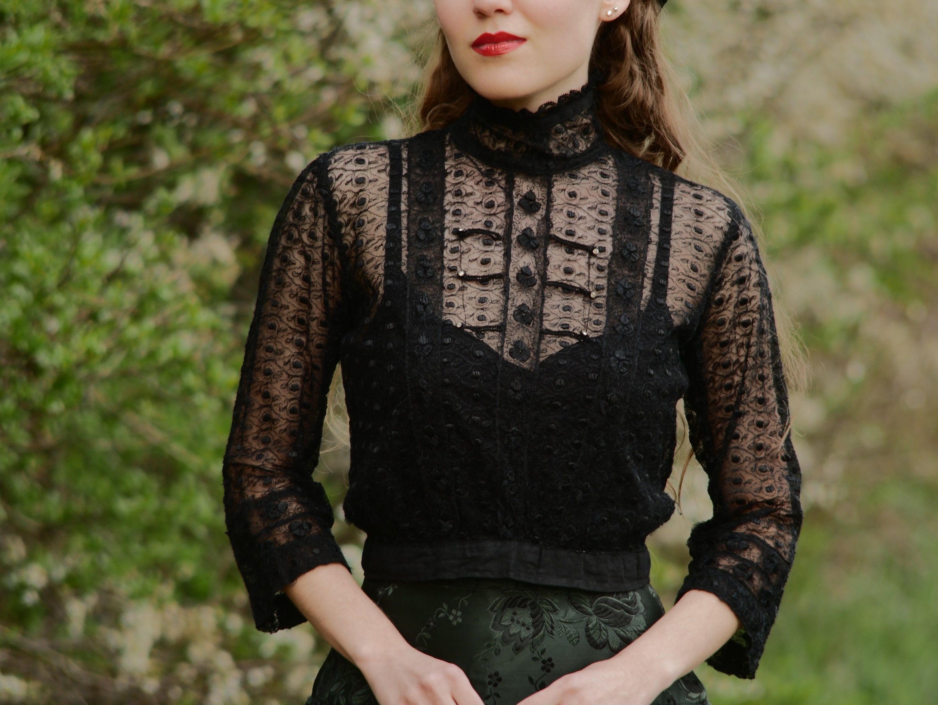 Black lace high neck blouse cheap