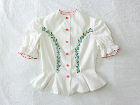 Vintage 1970s 70s does 30s White Embroidored Folk… - image 1
