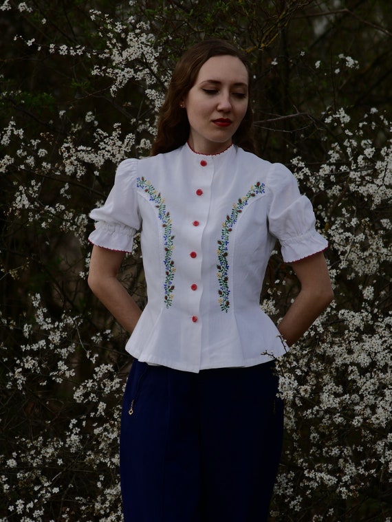 Vintage 1970s 70s does 30s White Embroidored Folk… - image 3
