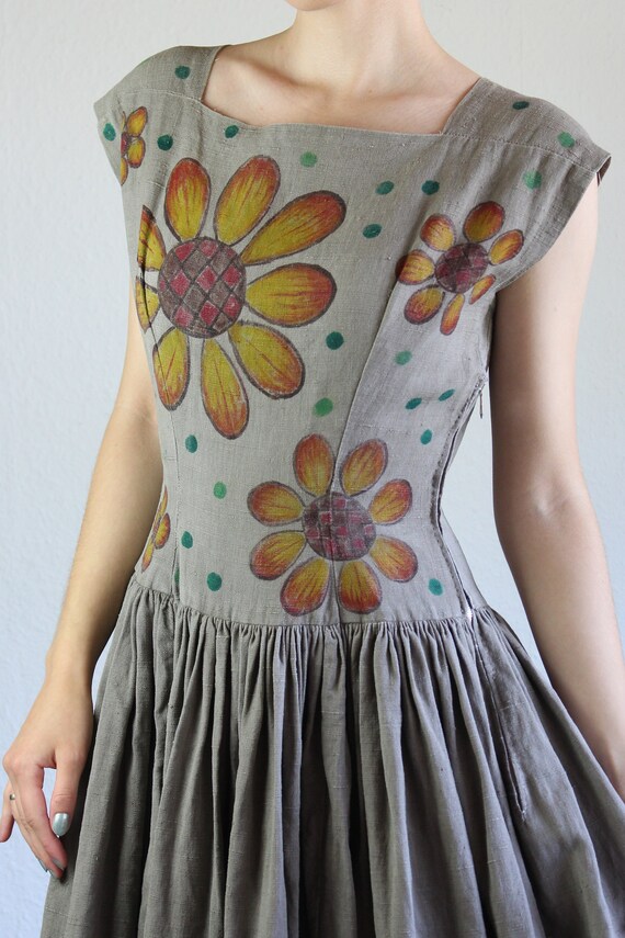 Vintage 50s 1950s Dress Yellow Flower Sunflower G… - image 3