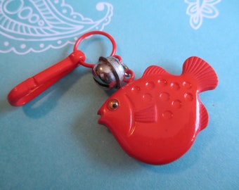 1980s Bell Charm Red Fish with Googly Eye, 80s Plastic Toy Clip Charms, Collectible Retro Junk Necklace, Cute Kawaii Gift Idea