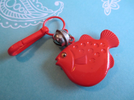 1980s Bell Charm Red Fish with Googly Eye, 80s Pl… - image 1