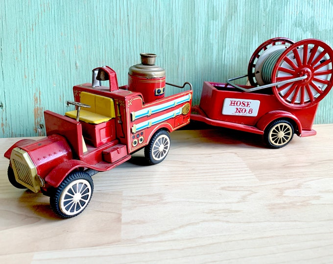 Vintage Tin Toy Fire Truck Tin Litho Fire Engine With Trailer Etsy