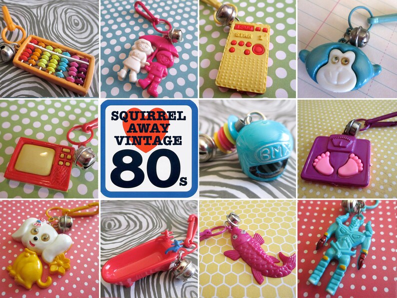 May include: A collection of vintage 1980s plastic charm keychains. The charms include a television, a bathtub, a fish, a robot, a helmet, a scale, a dog and cat, a girl with an umbrella, an abacus, and a radio. The charms are all brightly coloured and have a retro feel.