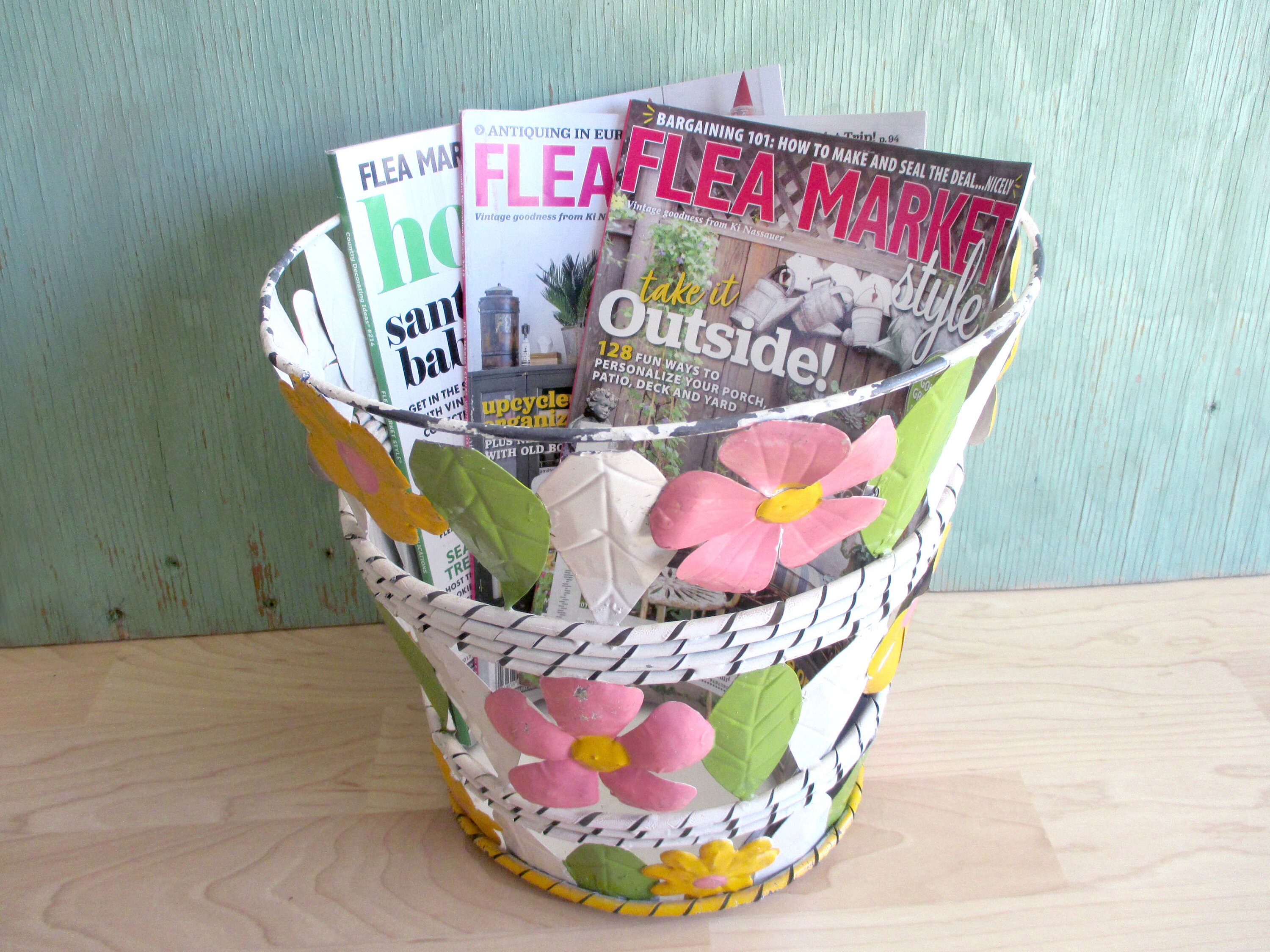 Vintage Metal Trash Can Floral Enameled Tin Wastebasket Country